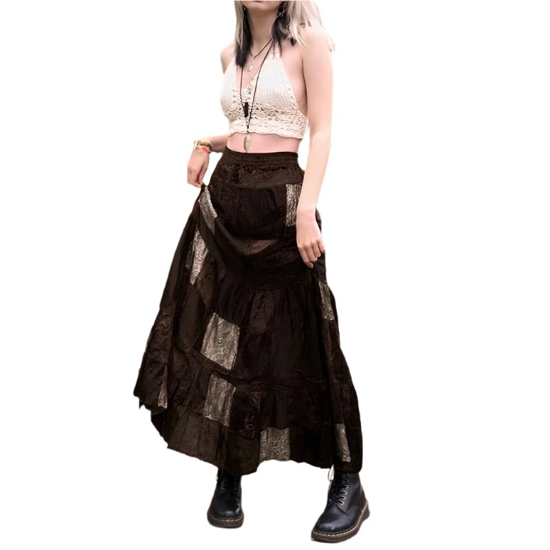 Bohemian Patchwork Maxi Skirt | Women’s Fairycore Gothic A - Line High Waist Skirt | Brown | S - XL