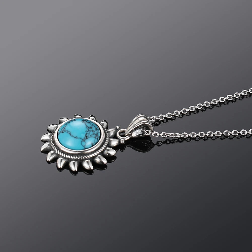Elegant Bohemian Sun Necklace Pendant With Turquoise Stone | 925 Silver