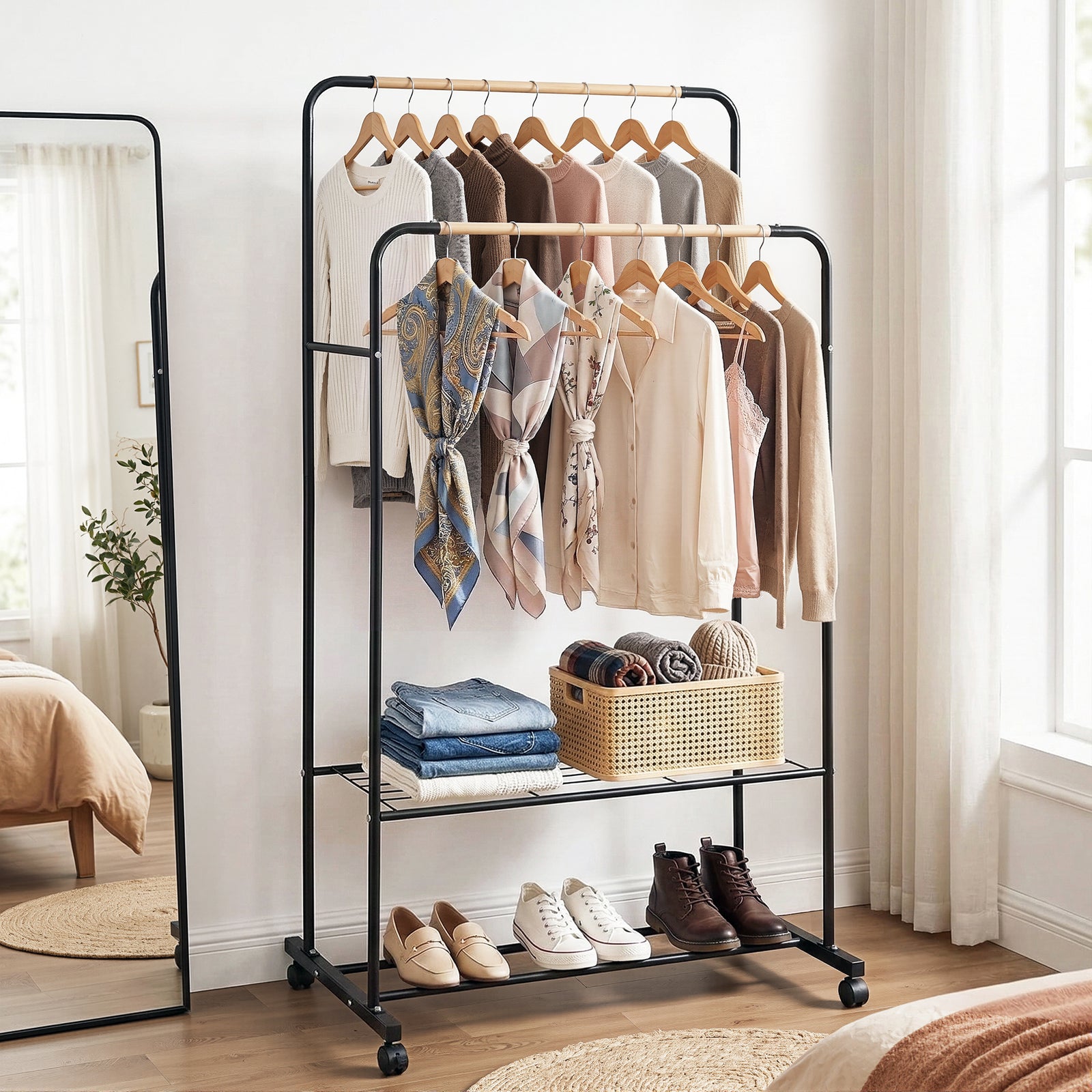 Double Hanging Clothes Rack | Coat Stand & Airer with Storage Shelf