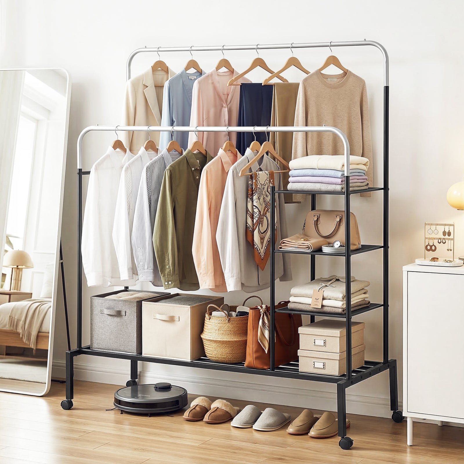 Clothes Rack | Double Rod Garment Rail with Storage Shelf