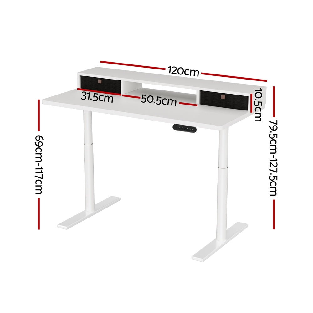 Electric Standing Desk | 120 cm | White with Storage Rack, Shelf & Drawers
