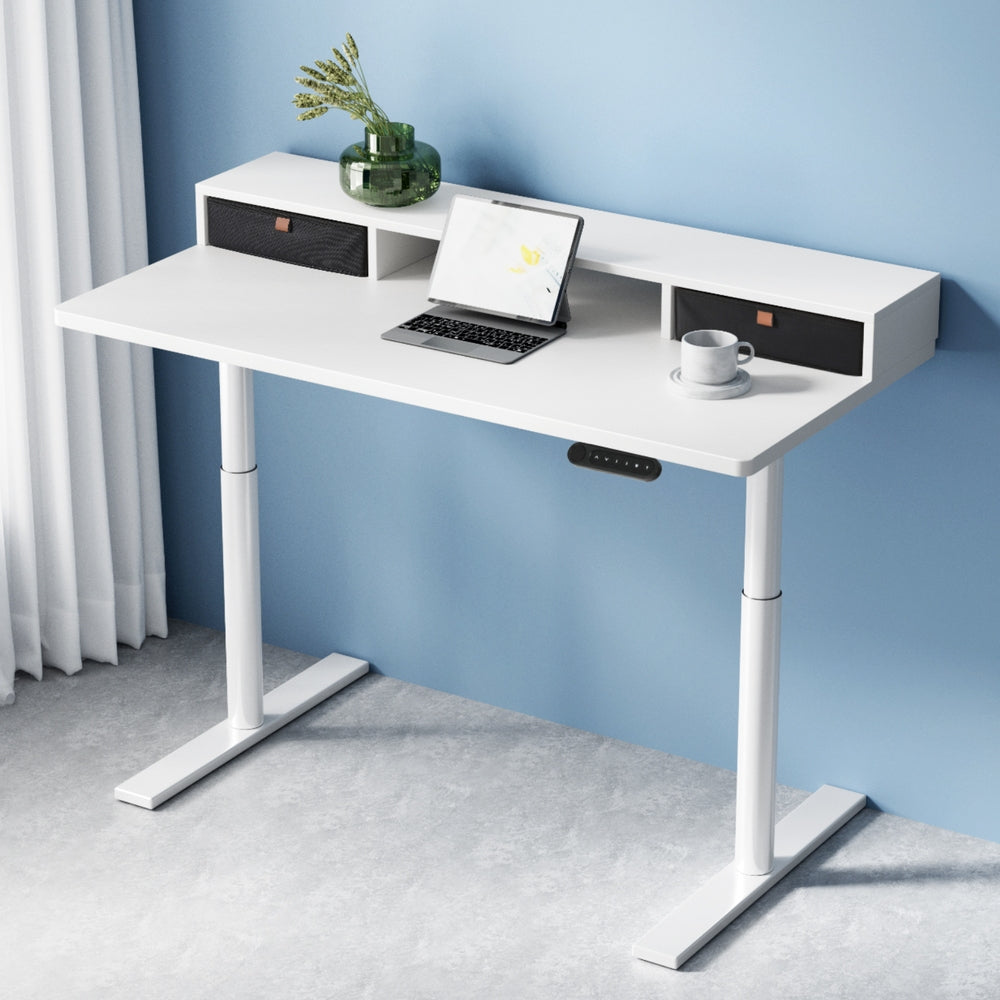 Electric Standing Desk | 120 cm | White with Storage Rack, Shelf & Drawers
