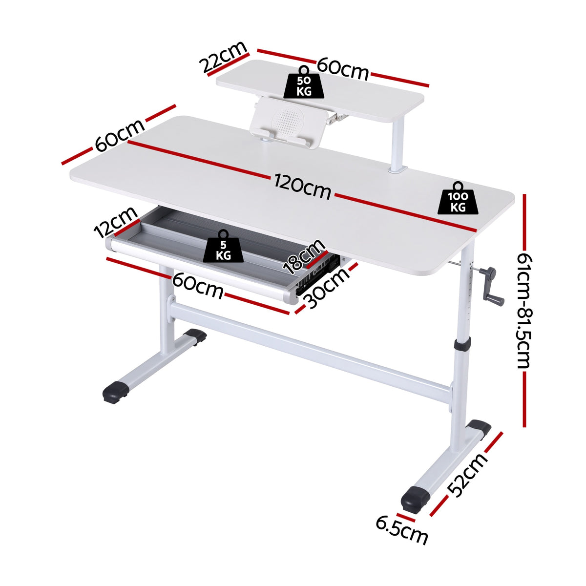Height Adjustable Standing Desk | 120cm | Study Workstation | White