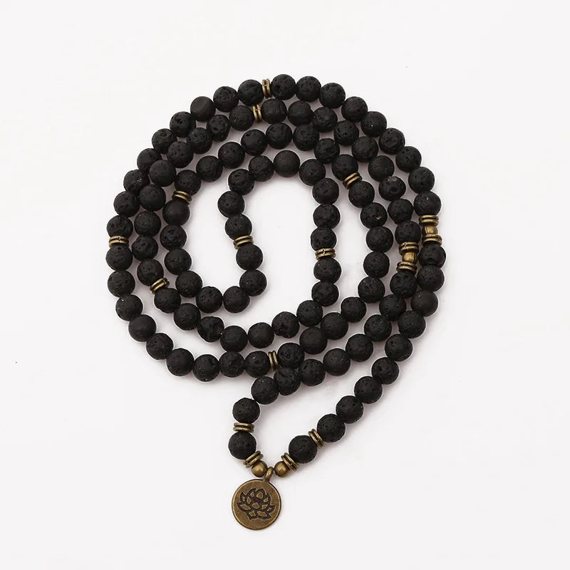 Buddhist Lava Rock Bracelet | 108 Beads With Lotus Pendant