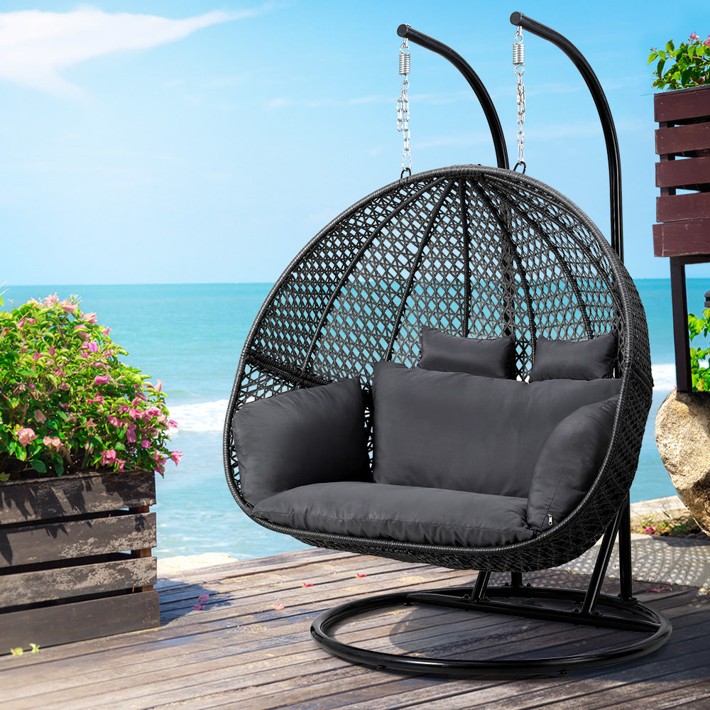 Outdoor Swing Chair | Hanging Rattan Pod | 2 Seater | Stand + Cushions