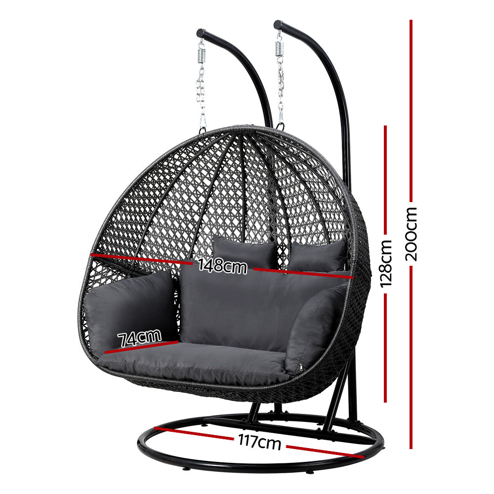 Outdoor Swing Chair | Hanging Rattan Pod | 2 Seater | Stand + Cushions