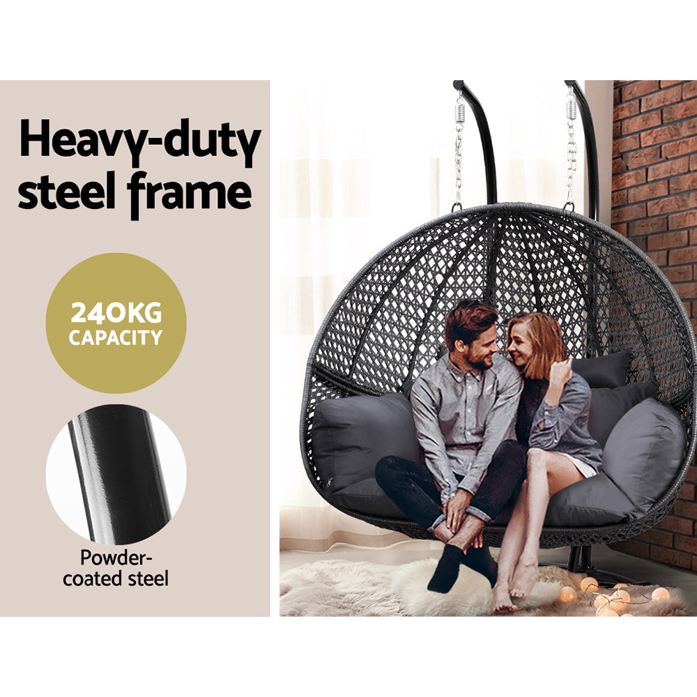 Outdoor Swing Chair | Hanging Rattan Pod | 2 Seater | Stand + Cushions