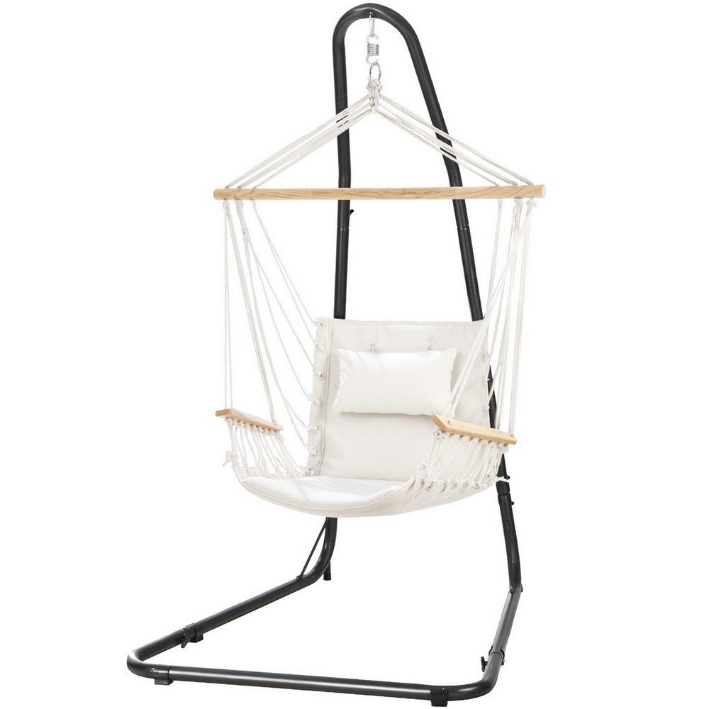 Hammock Chair | Outdoor Swing Chair with Heavy Duty Steel Stand | Patio & Garden Furniture | Grey Beige