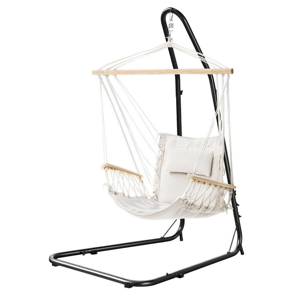 Hammock Chair | Outdoor Swing Chair with Heavy Duty Steel Stand | Patio & Garden Furniture | Grey Beige