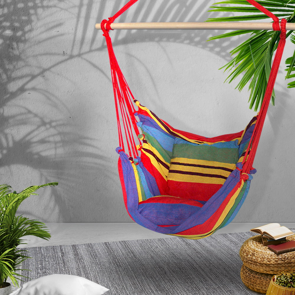 Gardeon Hammock Chair | Outdoor Camping Hanging Hammocks | Cushion Pillow | Rainbow
