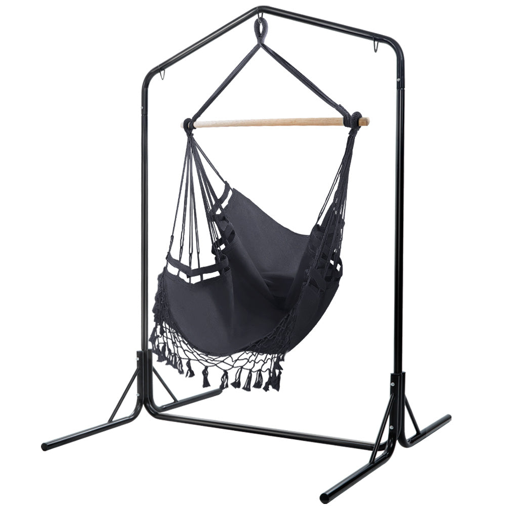 Outdoor Hammock Chair | With Stand | Tassel Hanging Rope Hammocks | Grey