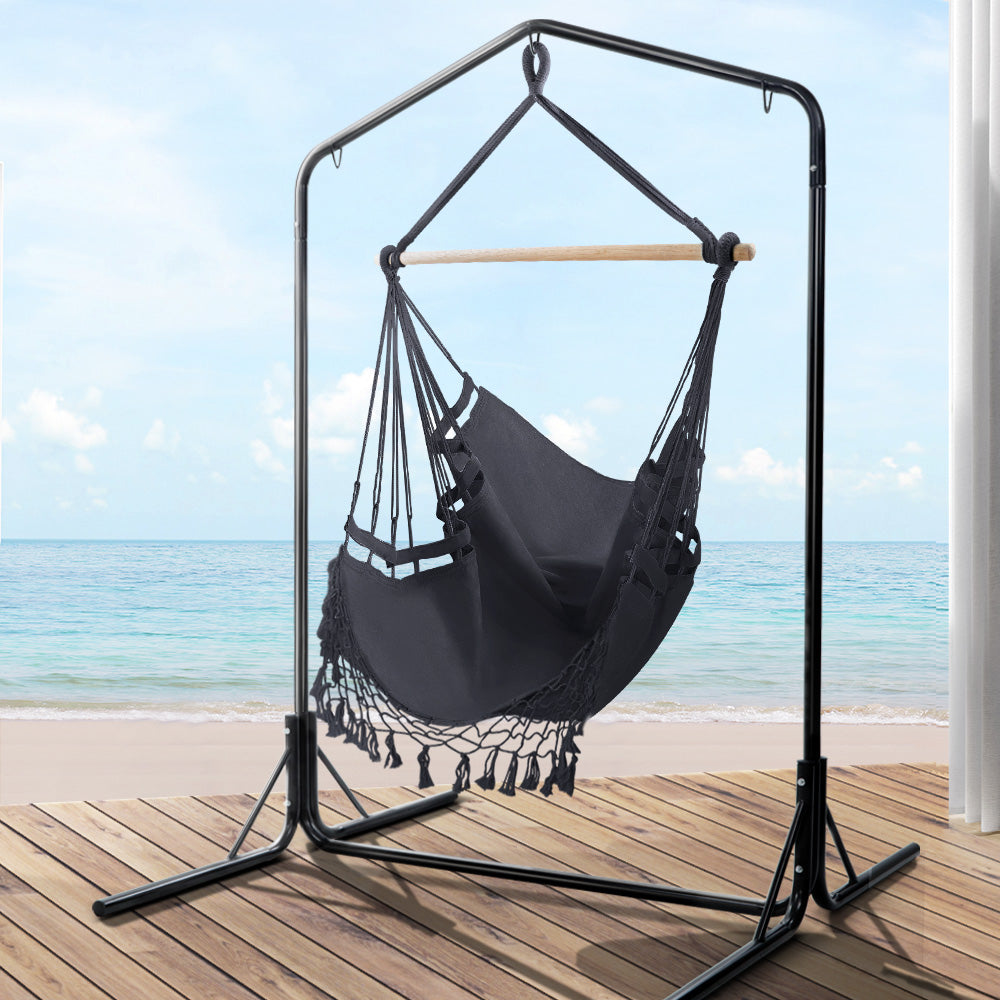 Outdoor Hammock Chair | With Stand | Tassel Hanging Rope Hammocks | Grey