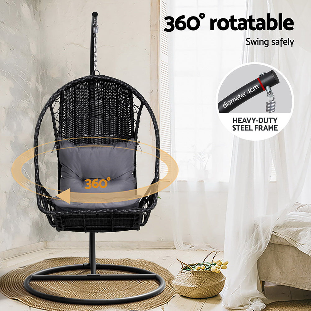Outdoor Egg Swing Chair | Wicker Furniture | Pod Stand Armrest | Black