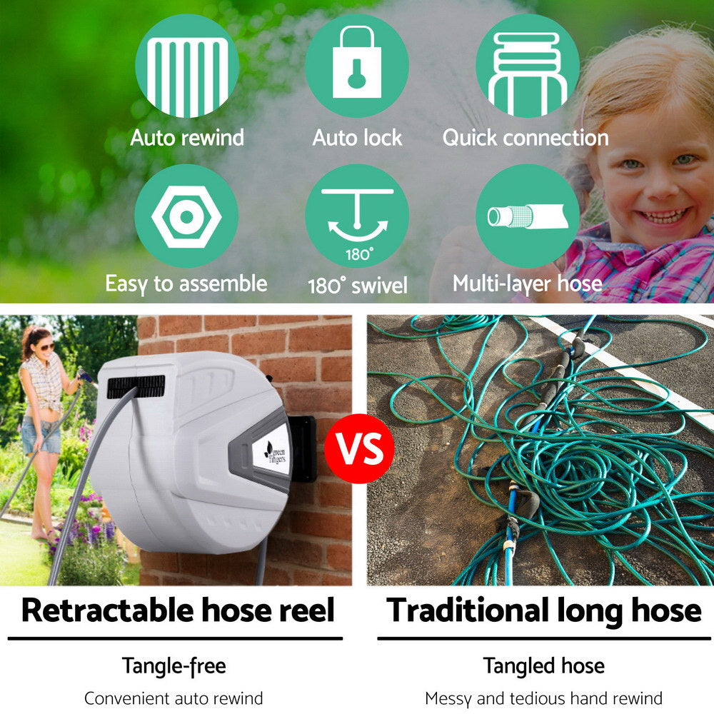 Green Fingers 30M Water Hose Reel | Retractable Auto Rewind | Wall Mount | Garden Spray Gun