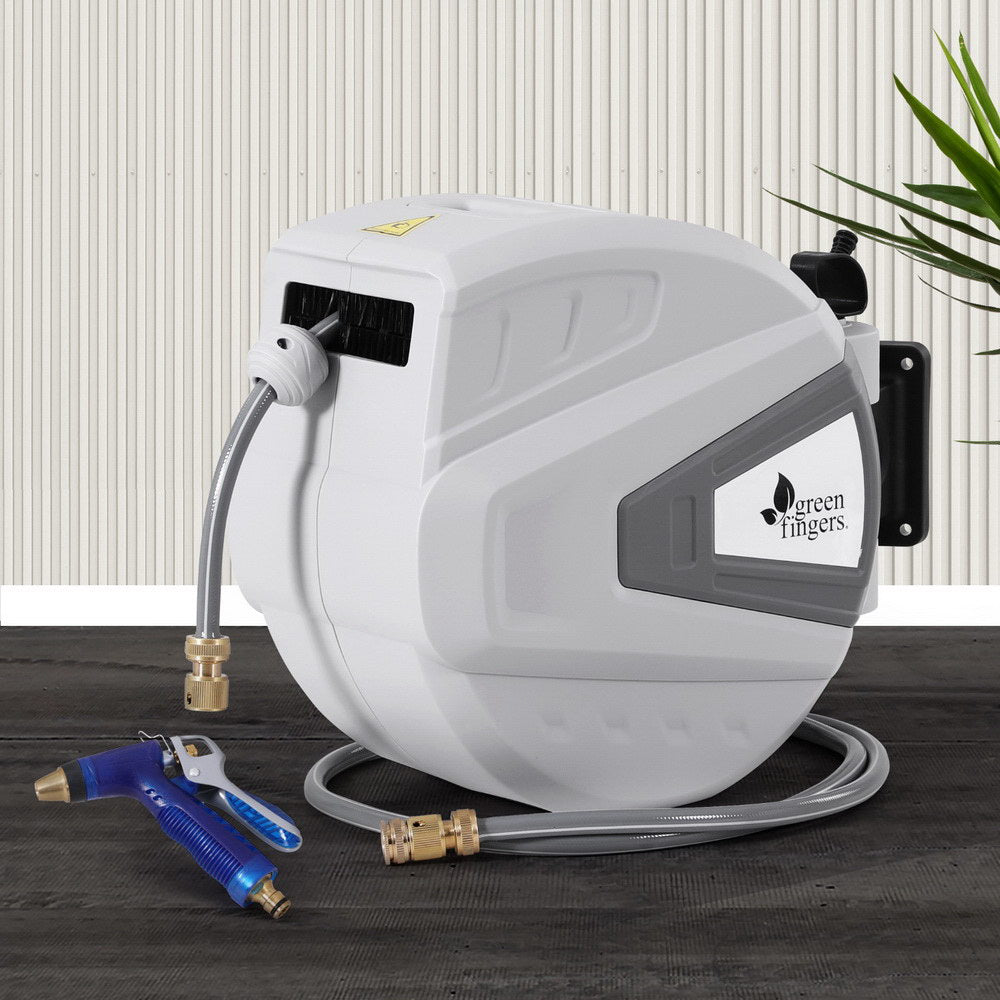 Green Fingers 30M Water Hose Reel | Retractable Auto Rewind | Wall Mount | Garden Spray Gun