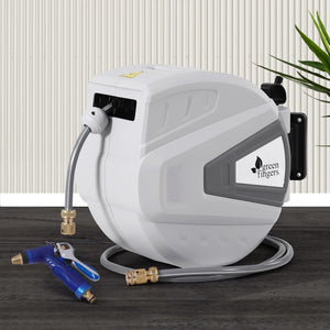 Green Fingers 30M Water Hose Reel | Retractable Auto Rewind | Wall Mount | Garden Spray Gun