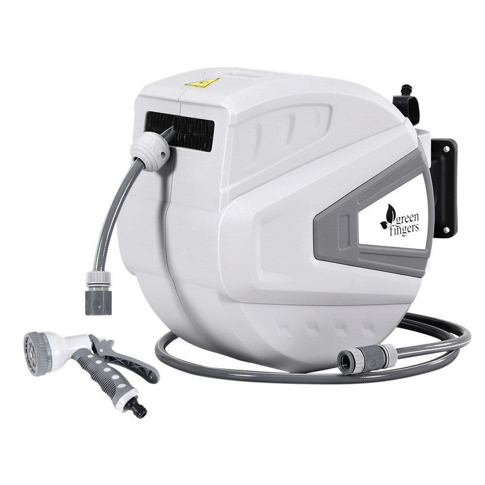 Green Fingers 30M Water Hose Reel | Retractable Auto Rewind | Wall Mount | Garden Spray Gun