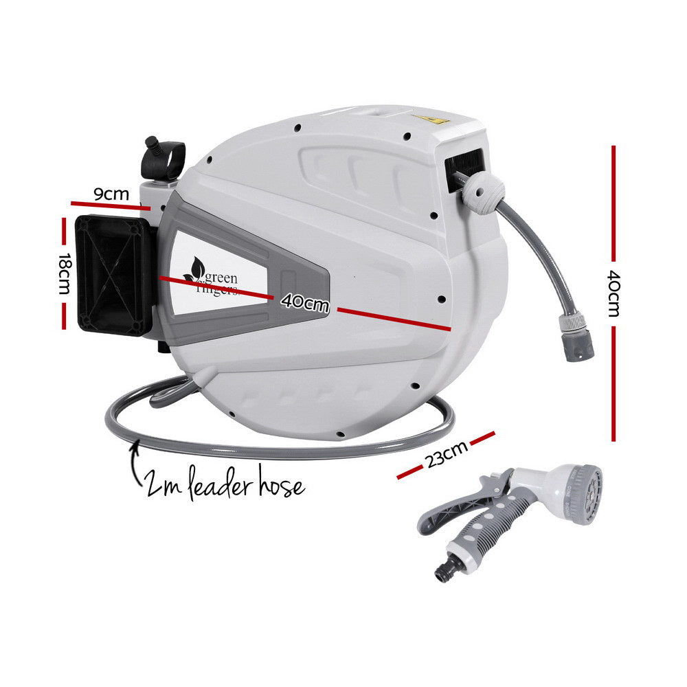 Green Fingers 30M Water Hose Reel | Retractable Auto Rewind | Wall Mount | Garden Spray Gun