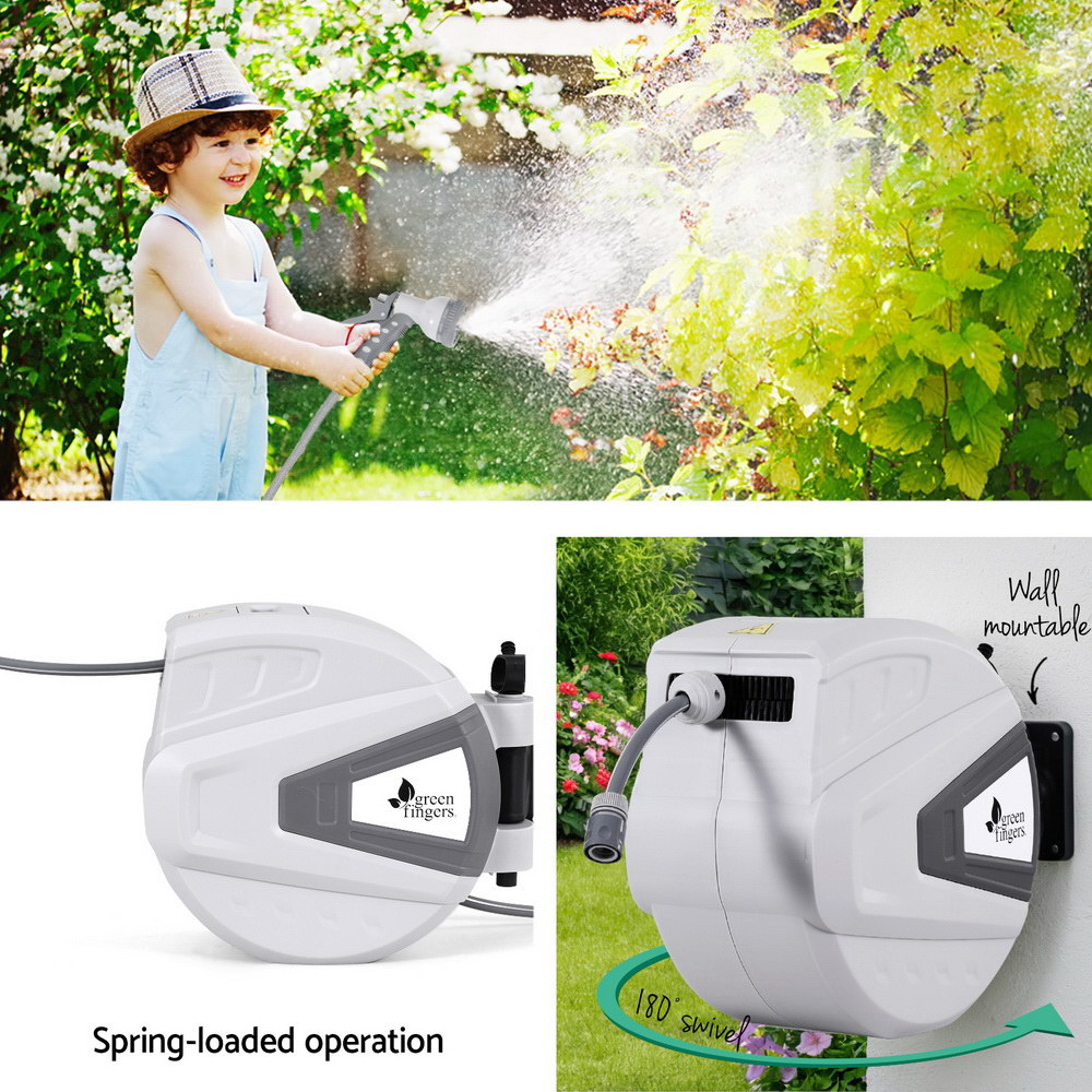 Green Fingers 30M Water Hose Reel | Retractable Auto Rewind | Wall Mount | Garden Spray Gun