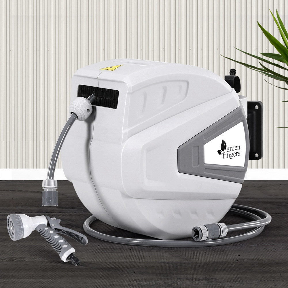 Green Fingers 30M Water Hose Reel | Retractable Auto Rewind | Wall Mount | Garden Spray Gun