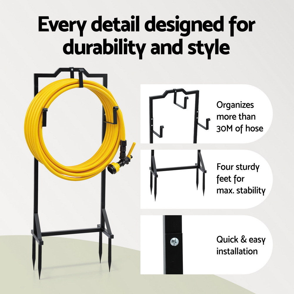 Garden Hose Holder Stand | Freestanding Metal | 4 Ground Spikes | Black