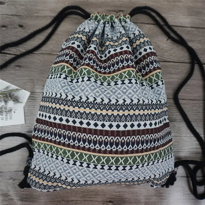 New Women's Fabric Draw String Gypsy Styled Backpack - Various Styles