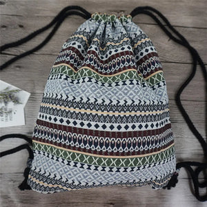 New Women's Fabric Draw String Gypsy Styled Backpack - Various Styles