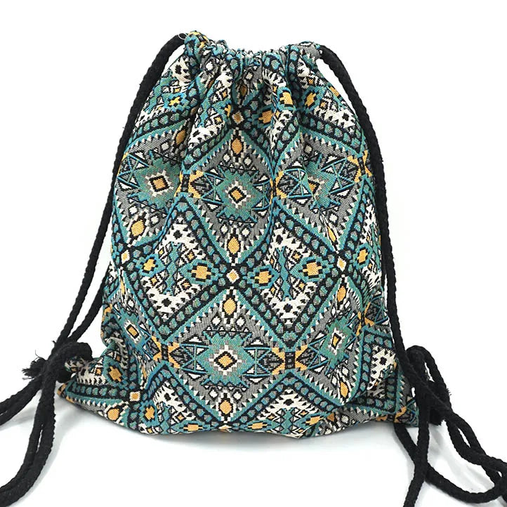 New Women's Fabric Draw String Gypsy Styled Backpack - Various Styles