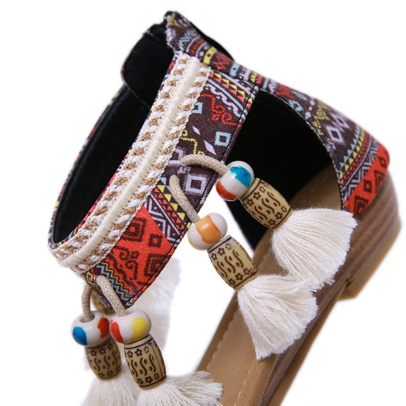 Women's Boho Sandals | Ethnic Style Rhinestone Flats | Beach Comfort Slippers | Black & Brown | Sizes 34-42