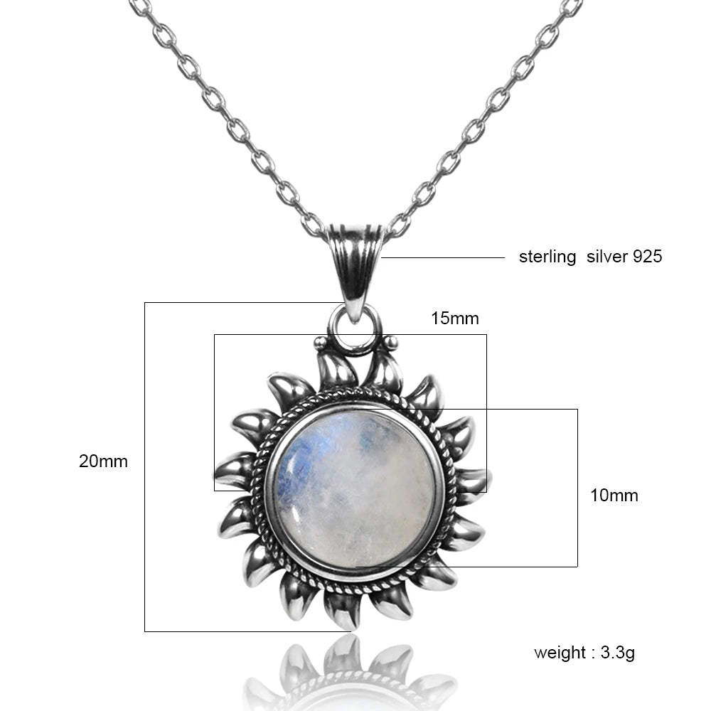 Bohemian 925 Silver Sun Pendant Necklace With Moonstone Center