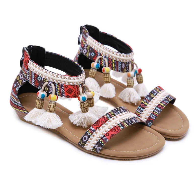 Women's Boho Sandals | Ethnic Style Rhinestone Flats | Beach Comfort Slippers | Black & Brown | Sizes 34-42