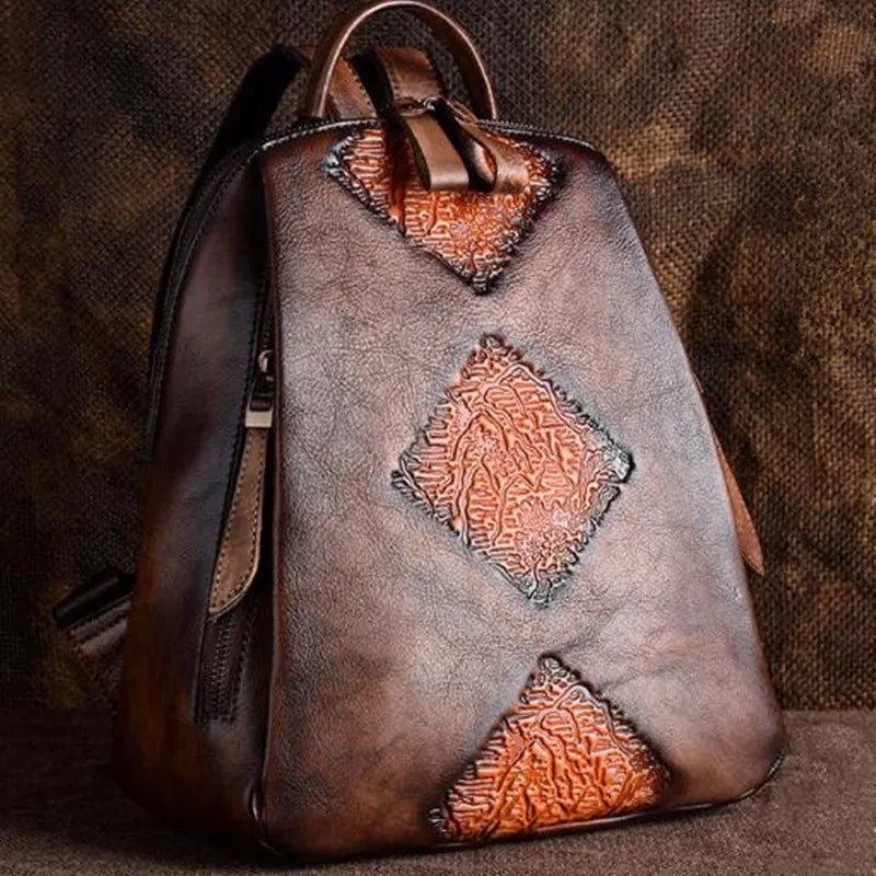 High Quality Women's Vintage Leather Back Pack With Embossing Design | Various Colours