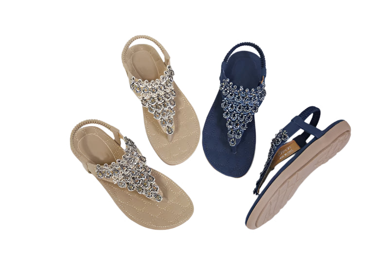 Women's Boho Crystal Flower Sandals | Ethnic Flat Flip-Flops | Casual Beach Shoes | Blue & Beige | Sizes 35-42