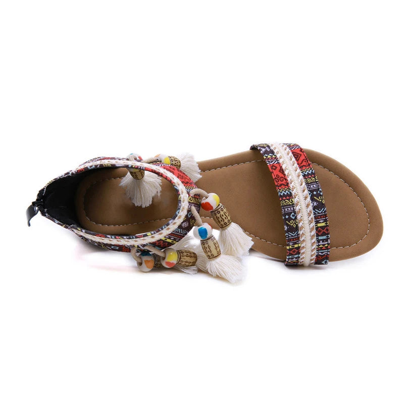 Women's Boho Sandals | Ethnic Style Rhinestone Flats | Beach Comfort Slippers | Black & Brown | Sizes 34-42