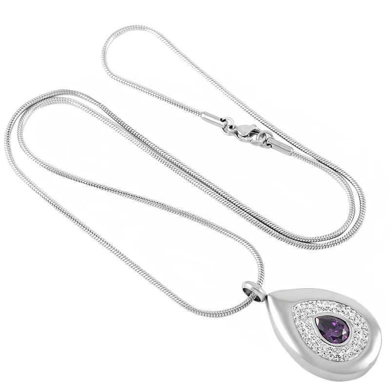 Teardrop Stainless Steel Cremation Pendant Necklace With Purple Stone