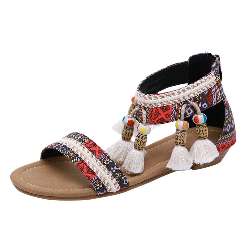 Women's Boho Sandals | Ethnic Style Rhinestone Flats | Beach Comfort Slippers | Black & Brown | Sizes 34-42