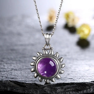 Hippie Sun 925 Silver Necklace With Amethyst Center Stone