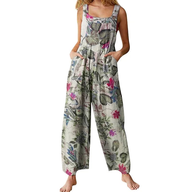Bohemian Hippie Women's Summer Linen Cotton Jumpsuit | Sleeveless Backless Floral Leaf Print Overalls | Navy, Black, Beige | S - 2XL