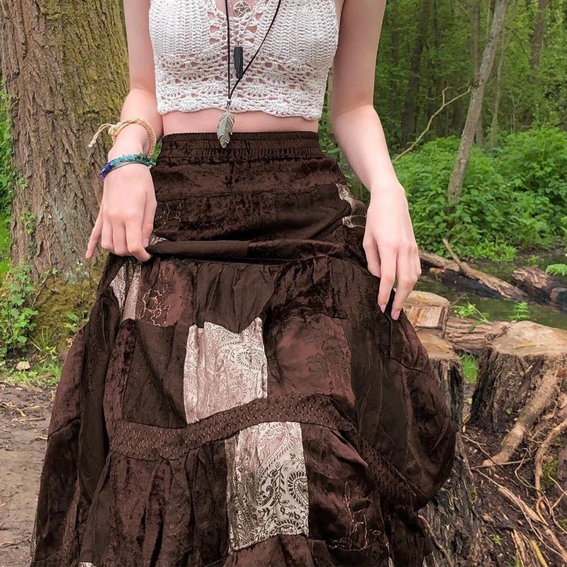 Bohemian Patchwork Maxi Skirt | Women’s Fairycore Gothic A - Line High Waist Skirt | Brown | S - XL
