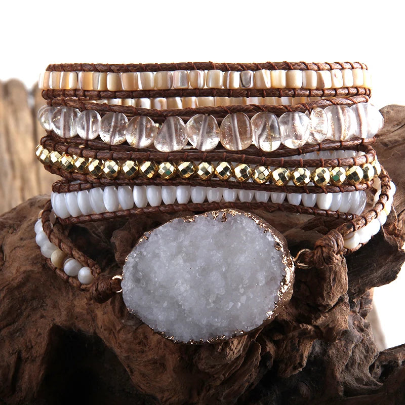 Hippie Styled Bracelet With Large Druzy Stone Charm | Handmade In White