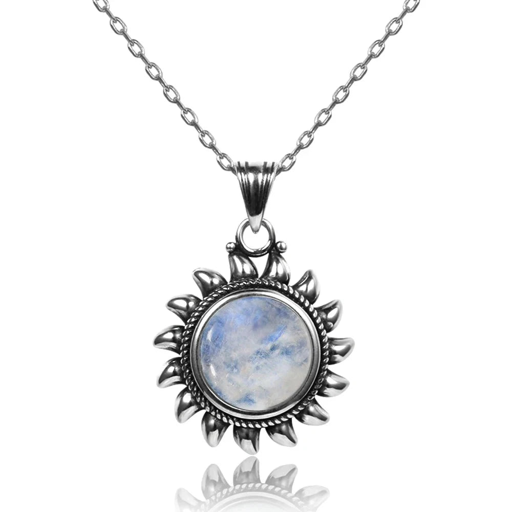 Bohemian 925 Silver Sun Pendant Necklace With Moonstone Center