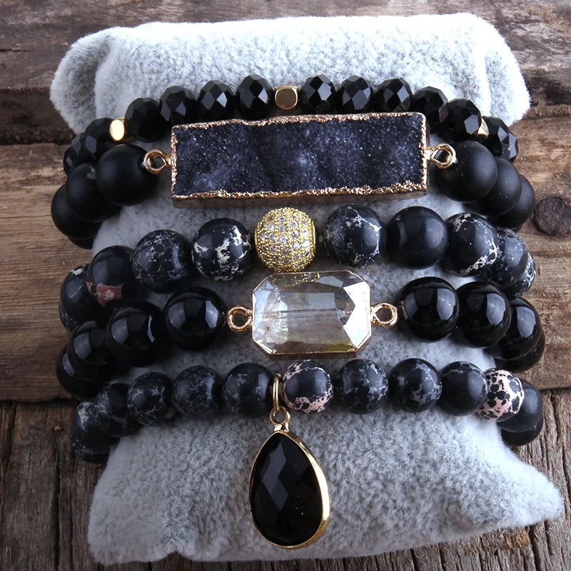 Wide Hippie Bracelet With Druzy Drop Charm | Handmade In Black