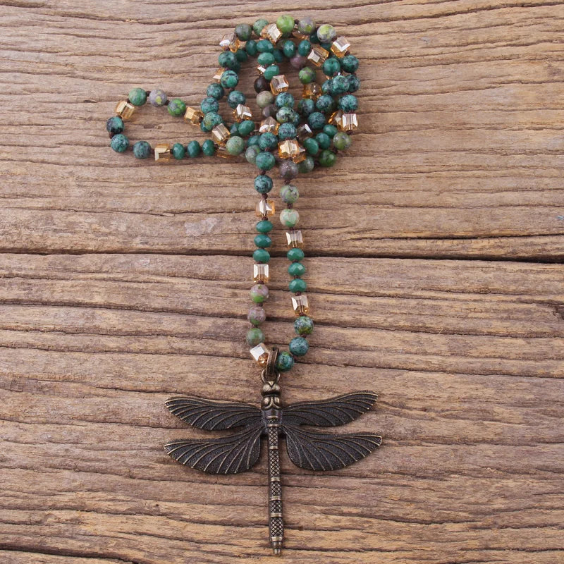 Bohemian Dragonfly Pendant Necklace With Green Crystal And Stone Foundation