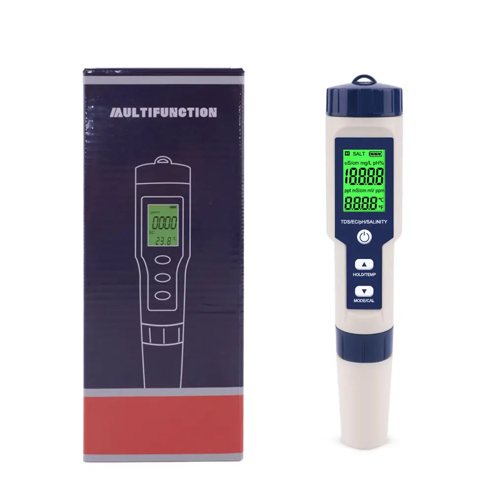 Digital 5 in 1 Water Meter | Tests pH + EC + TDS + Salinity + Temperature