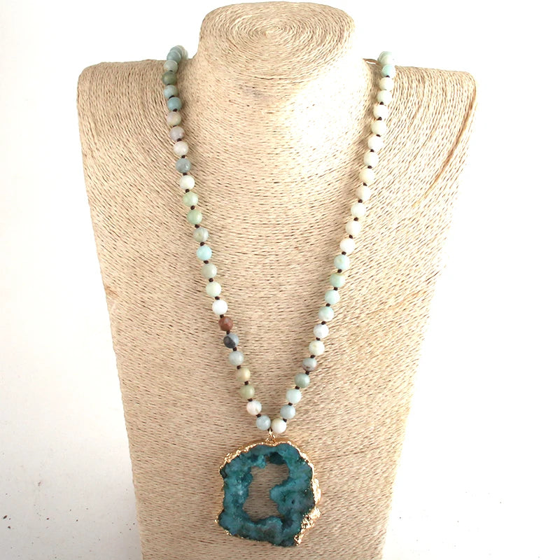 Blue Aqua Bohemian Pendant Necklace With Large Druzy Stone