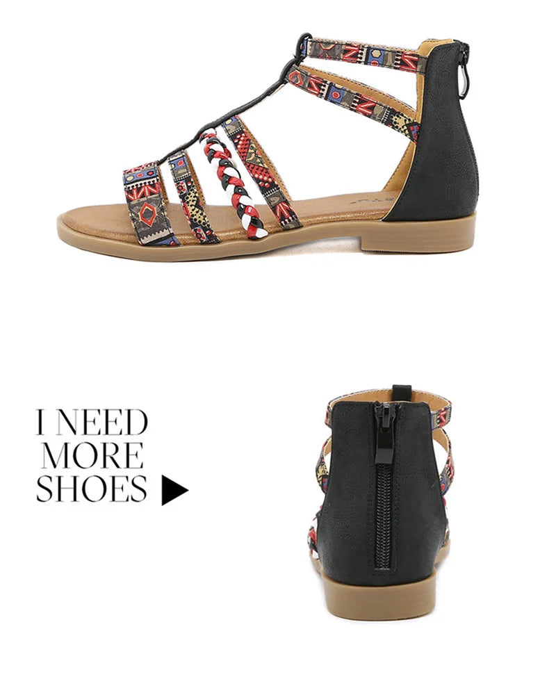 Women's Boho Beaded Sandals | Retro Rhinestone Flats with Zipper | Summer Shoes | Orange, Black & Blue | Sizes 35-42