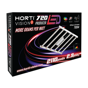 Hortivision Producer 720W LED Grow Light | Full Spectrum | PPF 2110 µmol/s | 2.9 µmol/J | 1.5×1.5m Coverage