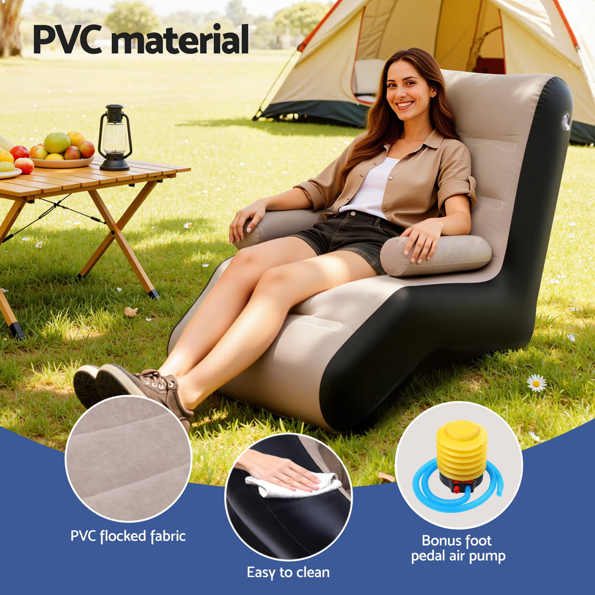Inflatable Sun Lounger Chair | Blow Up Air Sofa | Camping | Includes Pump