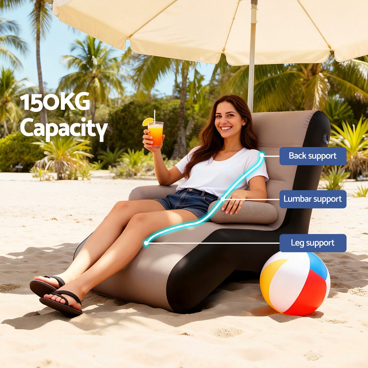 Inflatable Sun Lounger Chair | Blow Up Air Sofa | Camping | Includes Pump