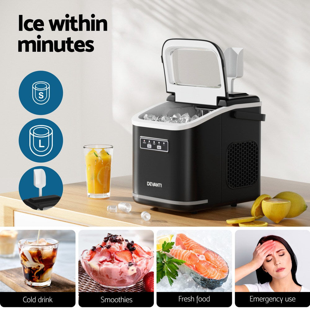 Devanti Ice Maker | Portable | 12kg | Self-Cleaning | Countertop | Black
